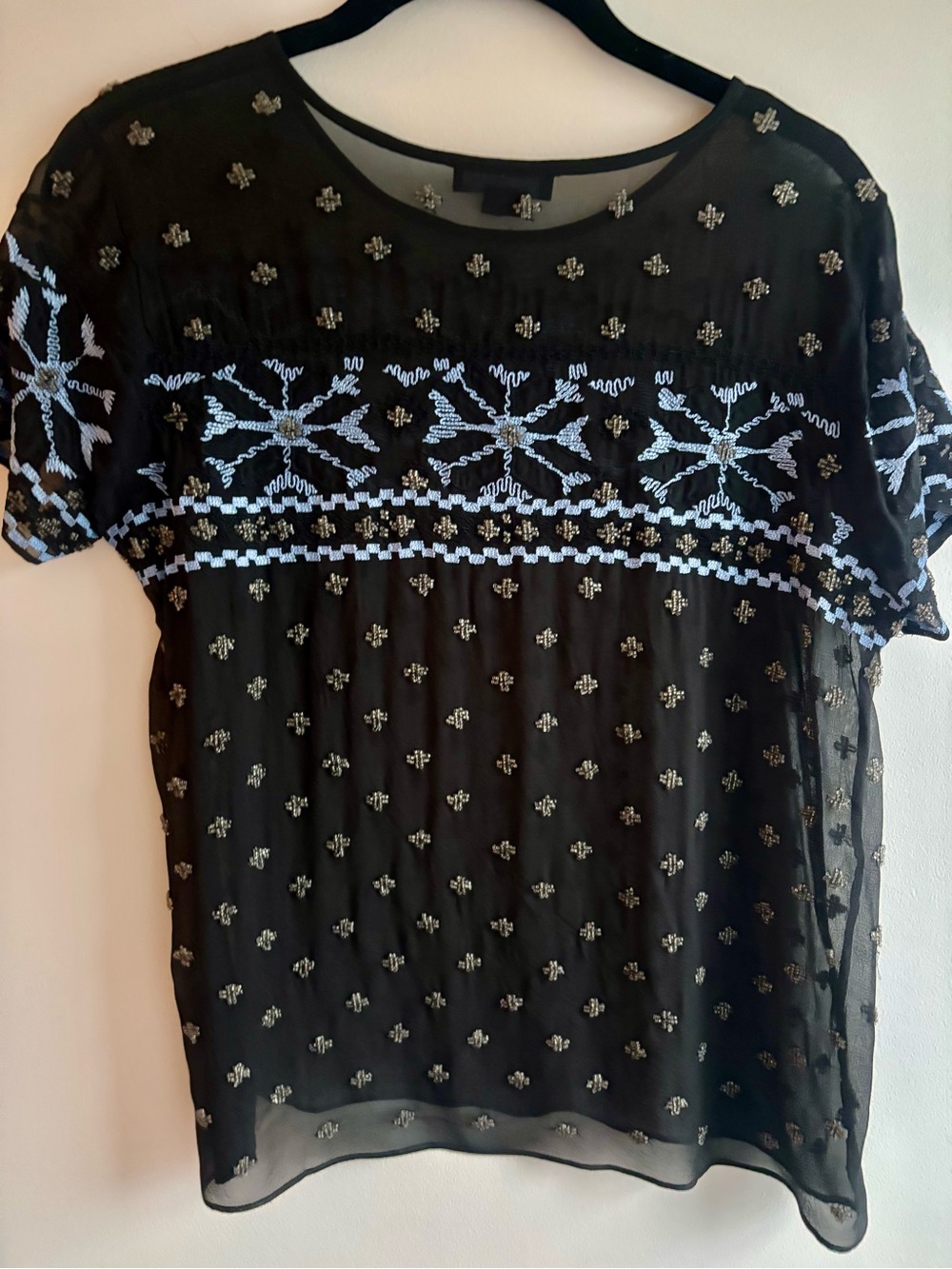 Gryphon Black Sheer Embroidered Short-Sleeve Top with Light Blue Accents